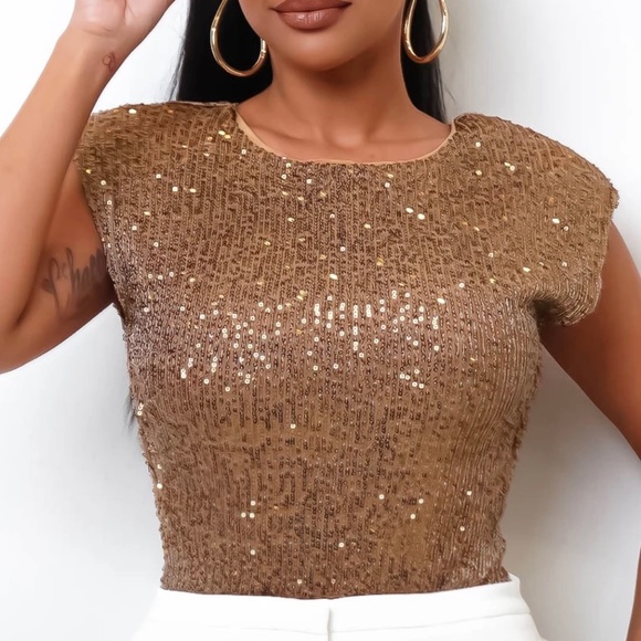privy Tops - 37 - SEQUIN BODYSUIT - CAMEL